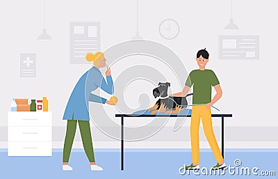 Veterinarian doctor examination, pet owner and dog in veterinary clinic interior Vector Illustration