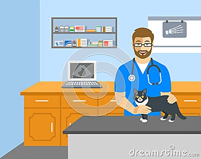 Veterinarian doctor holds cat on examination table Vector Illustration
