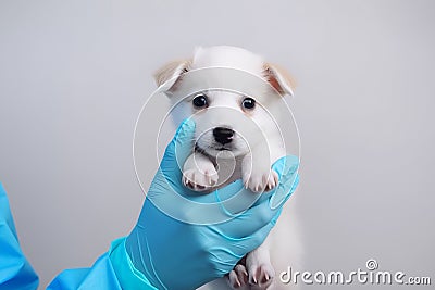 A veterinarian holds a small puppy in his hands Stock Photo