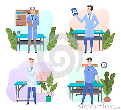 Veterinarian in office in vet clinic, man medical staff standing near table for animal, collection Vector Illustration
