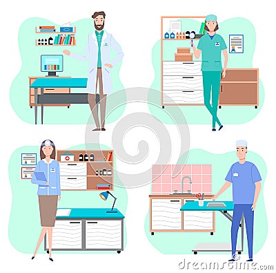 Veterinarian in office in vet clinic, woman and man medical staff wearing suit near table for animal Vector Illustration