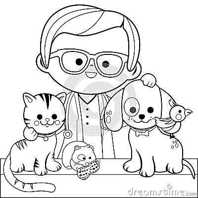 Veterinarian and pets. Vector black and white coloring page. Vector Illustration