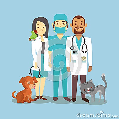 Veterinarian staff with cute pets isolated on blue Vector Illustration