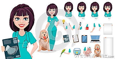 Veterinarian woman, pack of body parts, emotions and things. Vector Illustration