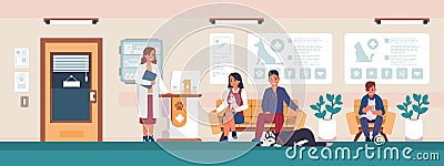 Veterinary. Animal hospital visitors, people with sick pets in clinic office waiting for doctor. Scenery with cat and Vector Illustration