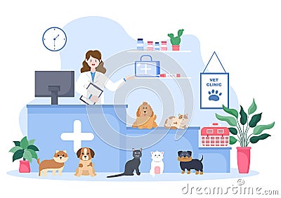 Veterinary Clinic Doctor Examining, Vaccination and Health care for Pets Like Dogs or Cats in Flat Cartoon Background Illustration Vector Illustration