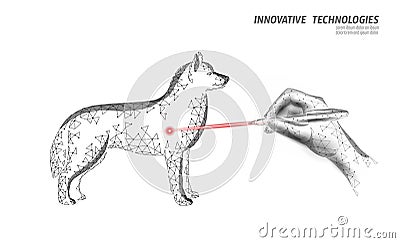 Veterinary clinic dog pet surgery operation. Low poly polygonal 3D dog silhouette laser doctor companion. Animal medical Vector Illustration