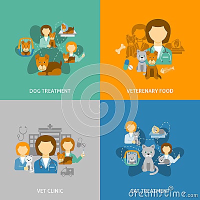 Veterinary clinic 4 flat icons square Vector Illustration