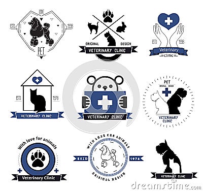 Veterinary clinic logo labels design element. Treatment of animal diseases. Vector Illustration