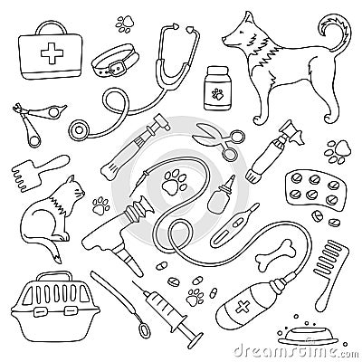 Veterinary clinic, pharmacy and a set of medical instruments. Vector illustration, Doodle. Treatment of animals. Vector Illustration