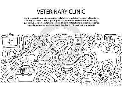 Veterinary clinic, pharmacy and a set of medical instruments. Vector illustration, Doodle. Treatment of animals. Vector Illustration