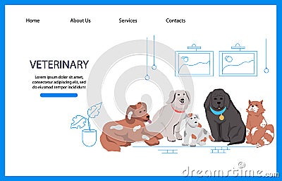 Veterinary clinic website of pets care service and zooshop, flat vector Cartoon Illustration
