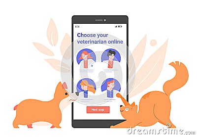 Veterinary clinic website on smartphonedisplay. Doctors for pets online. Cartoon Illustration