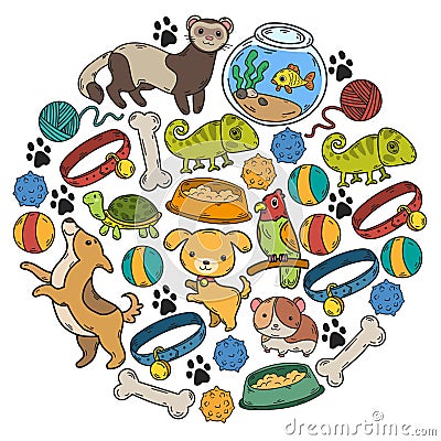 Veterinary clinic, zoo, pet shop. Cats, dogs, fish, parrot. Toys for animals, animal care. Vector Illustration