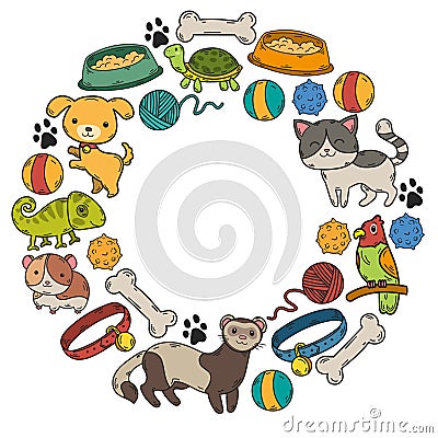 Veterinary clinic, zoo, pet shop. Cats, dogs, fish, parrot. Toys for animals, animal care. Vector Illustration