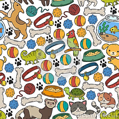 Veterinary clinic, zoo, pet shop. Cats, dogs, fish, parrot. Toys for animals, animal care. Vector Illustration