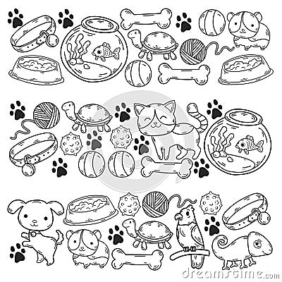 Veterinary clinic, zoo, pet shop. Cats, dogs, fish, parrot. Toys for animals, animal care. Vector Illustration