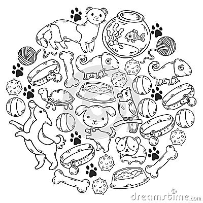 Veterinary clinic, zoo, pet shop. Cats, dogs, fish, parrot. Toys for animals, animal care. Vector Illustration