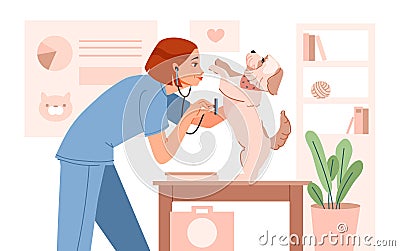 Veterinary doctor examining and cure dog in veterinarian office. Vector Illustration