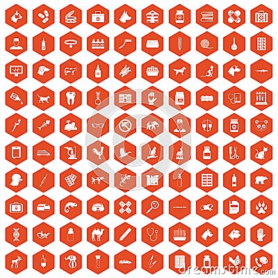 100 veterinary icons hexagon orange Vector Illustration