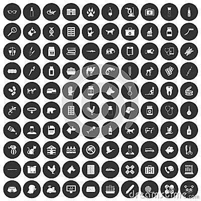 100 veterinary icons set black circle Vector Illustration