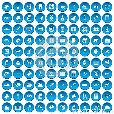 100 veterinary icons set blue Vector Illustration