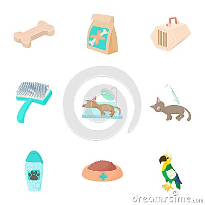 Veterinary icons set, cartoon style Vector Illustration