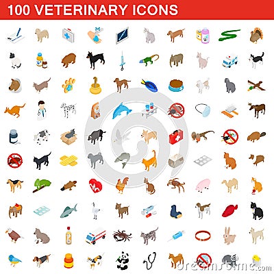 100 veterinary icons set, isometric 3d style Cartoon Illustration