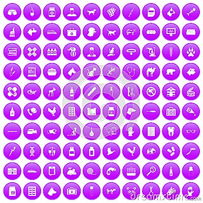 100 veterinary icons set purple Vector Illustration