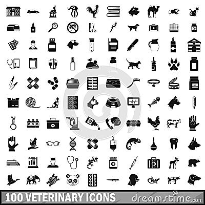 100 veterinary icons set, simple style Vector Illustration