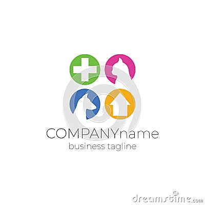 Veterinary logo design - dog, cat, plus health, house Cartoon Illustration