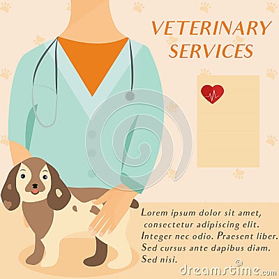 Veterinary medicine hospital, doctor with cute dog. Health care or treatment for wild or domestic animals. Vector Illustration