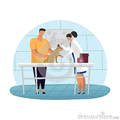 Veterinary nurse and cartoon man with dog. Vector Illustration