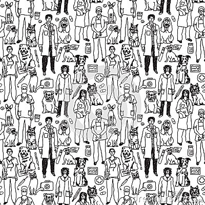 Veterinary people and pets seamless black pattern Vector Illustration