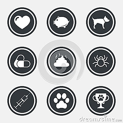 Veterinary, pets icons. Dog paw, syringe signs. Vector Illustration