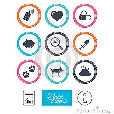 Veterinary, pets icons. Dog paws, syringe signs. Vector Illustration