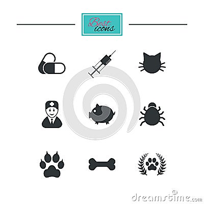 Veterinary, pets icons. Paw, syringe and bone. Vector Illustration