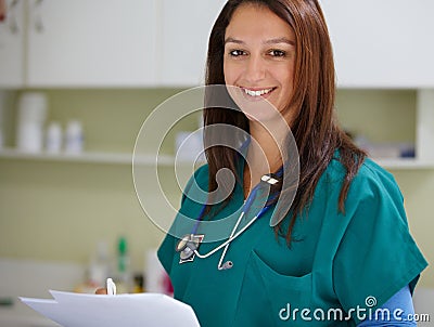 Veterinary portrait, clinic documents and happy woman with test results, assessment notes or animal healthcare nursing Stock Photo