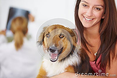 Veterinary portrait, dog and happy woman, owner or client for medical help, healing services or animal nursing, support Stock Photo