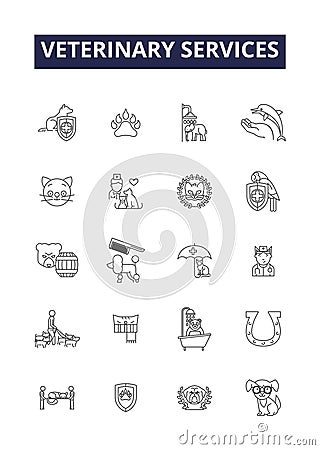 Veterinary services line vector icons and signs. Veterinary, Care, Clinic, Services, Treatments, Wellness, Surgery Vector Illustration