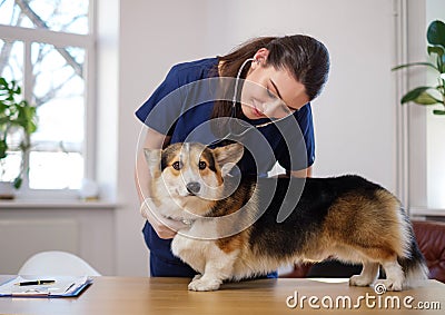 Veterinary surgeon and corgi dog at vet clinic Stock Photo