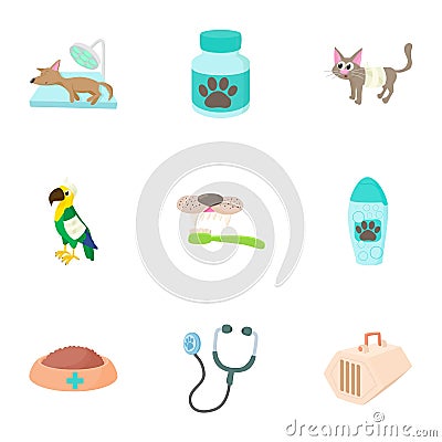 Veterinary things icons set, cartoon style Vector Illustration