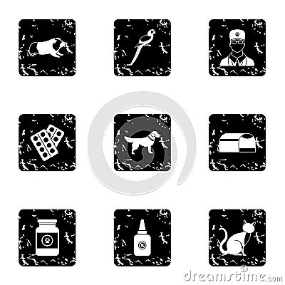 Veterinary things icons set, grunge style Vector Illustration