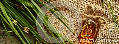 vetiver essential oil on a burlap background top view Stock Photo