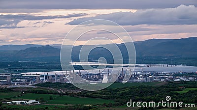 Vew of the sea bay on which there is a large oil refinery Stock Photo