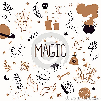 Magic set of witch attributes. Tarot cards, potions and poisons, planets, astrology symbols, witch`s cauldron. Vector Illustration