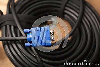 VGA tech pc input cable connector on wood background Stock Photo