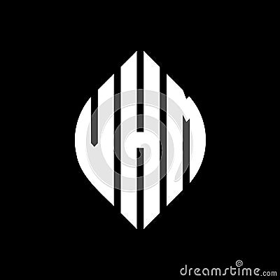 VHM circle letter logo design with circle and ellipse shape. VHM ellipse letters with typographic style. The three initials form a Vector Illustration