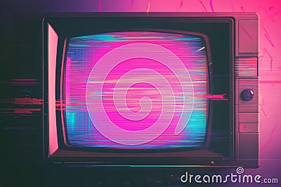 A VHS glitch-inspired background with distorted static, neon interference, and nostalgic scanlines, Stock Photo