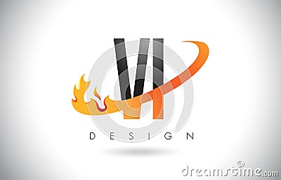 VI V I Letter Logo with Fire Flames Design and Orange Swoosh. Vector Illustration